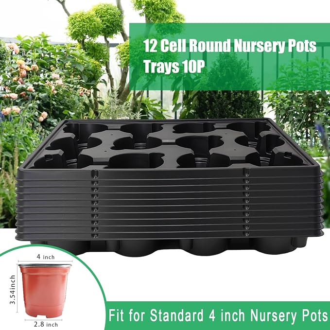 RooTrimmer 12 Cell Round Nursery Pots Trays Thickened Durable Seedling Pots Shuttle Carrying Trays for Holding 4 inch Nursery Pots (16.85" × 12.6", 10-Pack)