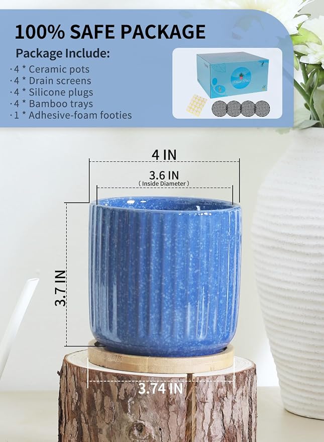 4 Inch Cylinder Ceramic Plant Pots, Blue, Set of 4 | Drainage Holes & Saucers, Glazed, Small Boho Planters, With Trays, For Indoor Flower, Snake Plants, Succulent, Cactus