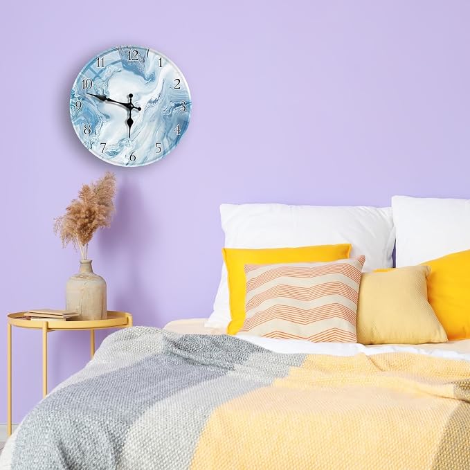 Britimes Round Wall Clock Silent Non-Ticking Battery Operated Outdoor Waterproof Glass Clock 12 Inch, Blue Marble Home Decor for Living Room, Kitchen, Bathroom, Bedroom, and Office