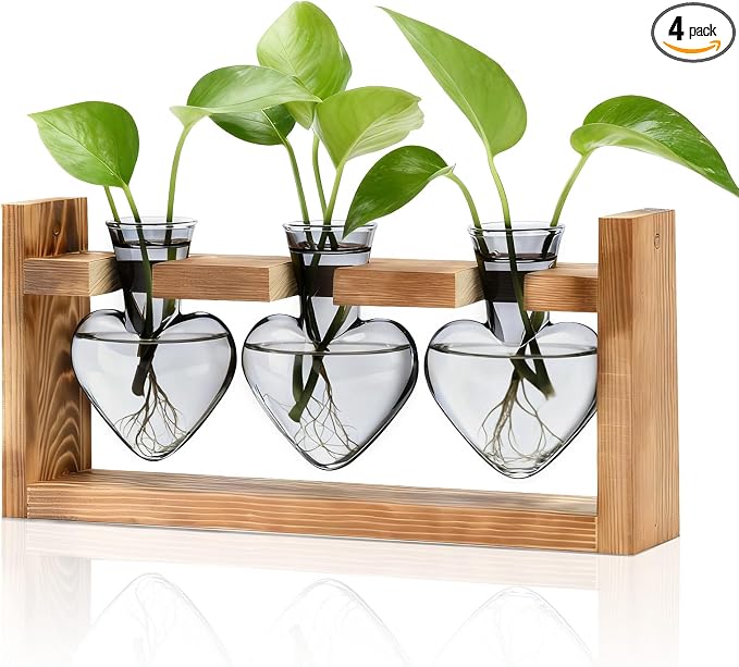 Nacome Plant Terrarium Propagation Stations: Mothers Day Gifts for Mom Plant Lovers Women Wife Daughter - 3 Bulb Glass Vase with Wooden Stand Tabletop for Hydroponics Home Garden Decor(Gray)