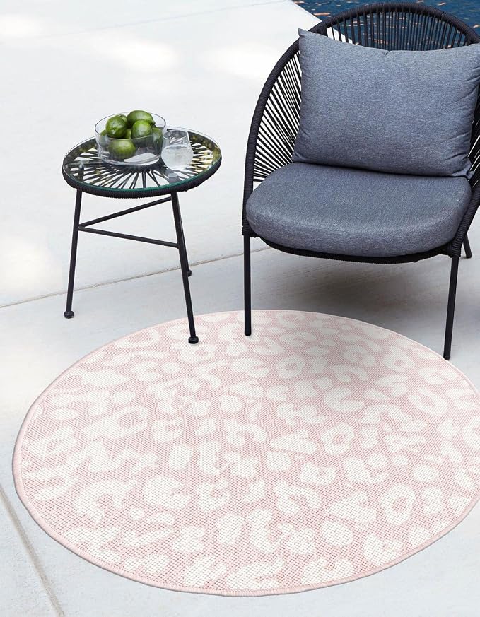 Unique Loom Outdoor Safari Collection Area Rug - Leopard (3' Round, Pink Ivory/ Ivory)