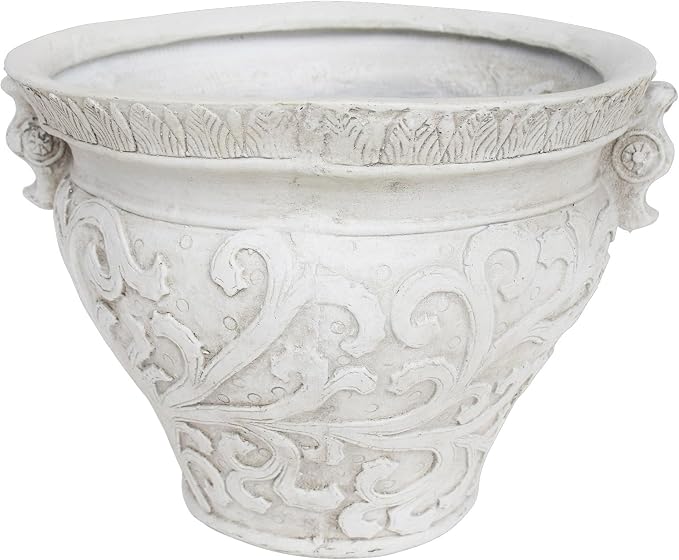 Christopher Knight Home Armis Round Concrete Planter, Indoor Outdoor Garden Plant Pot with Drainage Hole, Floral Relif Patio Urn Planter for Front Porch/Backyard, Outdoor Planter Box, Antique White