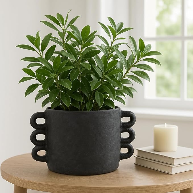 Pottery Arch Handle Planter for Home Decor - Decorative Flower Pot for Living Room Decor, Shelf Accent, and Patio Areas - Indoor and Outdoor Pot for Plants or Plant Stand Indoor - 8", Black