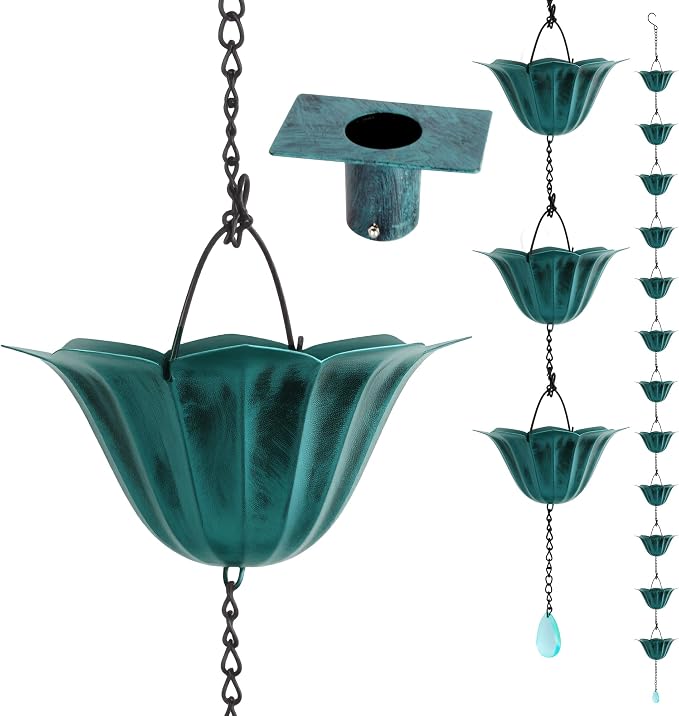 9FT Lotus Rain Chain in Antique Blue – Rain Chains for Gutters with 12 Cups, Adjustable Rain Catcher Chain with Bell for Eaves Drainage, Replacement for Downspout (Lotus Antique Blue)