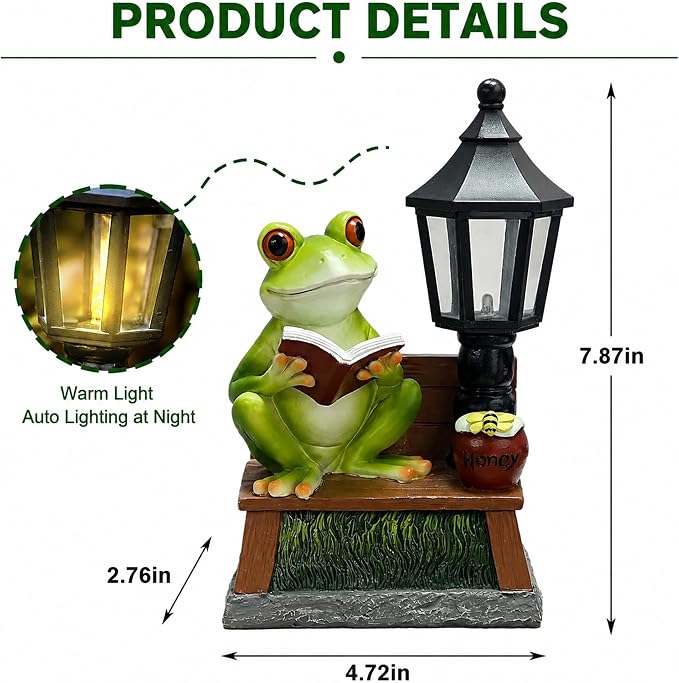 Frog Garden Statue Home Outdoor Decor - Solar Frogs Learning Sculptures Auto LED Waterproof Lights, Garden Outside Figurine Ornament, Women/Gardening/Housewarming Gift for Yard/Pond