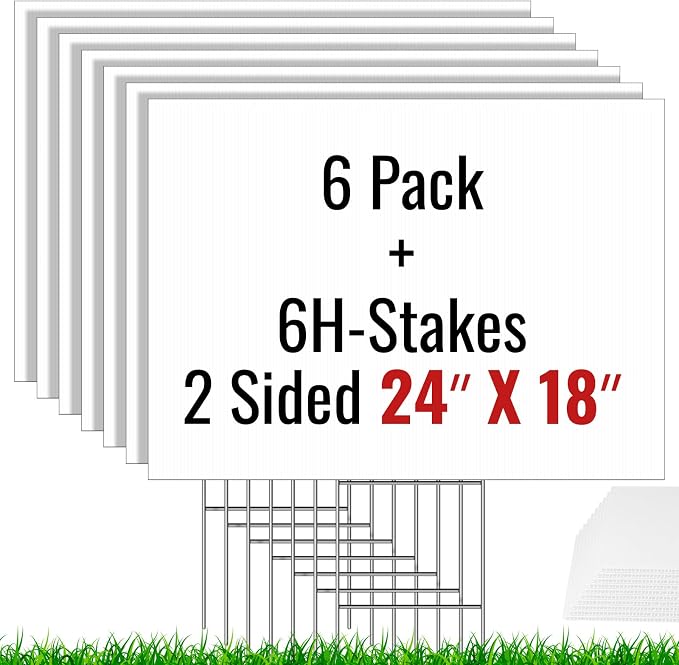 6 Pack Blank Yard Signs with Stakes 24X18inch, IKAYAS 24X18inch Large Size White Garden Yard Signs Yard Sale Signs Corrugated Plastic Signs for Party Decorations, Garage Sale, Guidepost, Open House