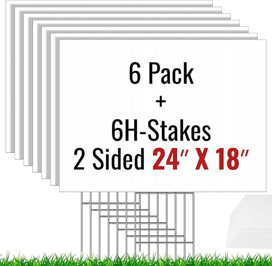 6 Pack Blank Yard Signs with Stakes 24X18inch, IKAYAS 24X18inch Large Size White Garden Yard Signs Yard Sale Signs Corrugated Plastic Signs for Party Decorations, Garage Sale, Guidepost, Open House