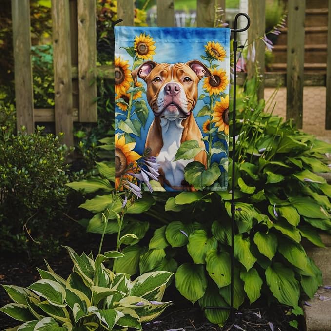 Caroline's Treasures DAC6133GF Pit Bull Terrier in Sunflowers Garden Flag Mailbox Flag Decorative Yard Flag Banner Outside Patio Artwork Yard Flower Beds, Garden Size, Multicolor