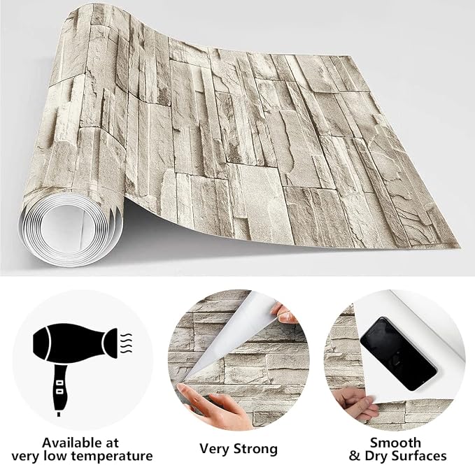 Jeweluck Stone Wallpaper Peel and Stick Brick Wallpaper 17.7”×393.7” Brick Contact Paper Peel and Stick Wall Paper Bathroom Faux Stone Backsplash for Kitchen Removable Decorative for Walls Vinyl