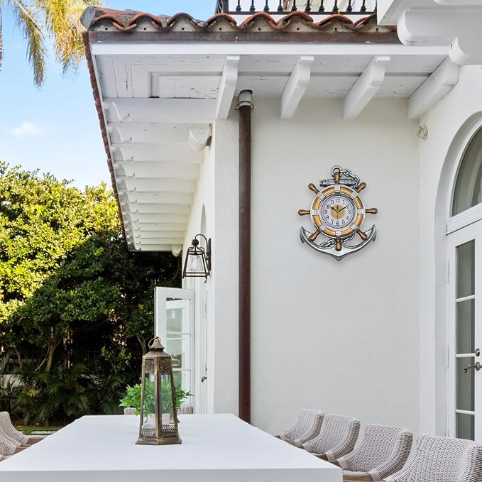 Anchor Clock- Nautical Ship Wheel Rudder Outdoor Wall Clock - Beach Sea Style Decorative Clock for Patio, Bathroom (Retro Silver+Bronze)