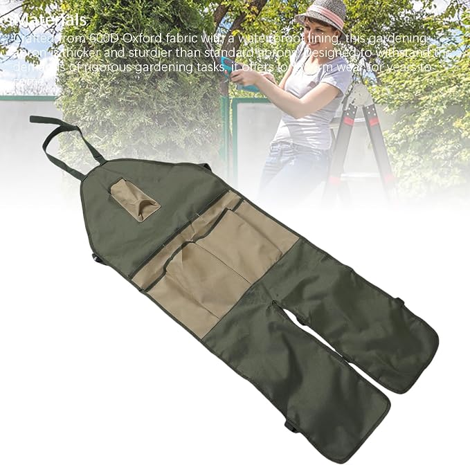 Apron for Long Gardening, Gardening Apron with Adjustable Leg Protector, Six Pockets 600D Oxford Cloth Water Proof for Garden Outdoor Work, Lawn Care, Pruning (Green with Khaki Pockets)
