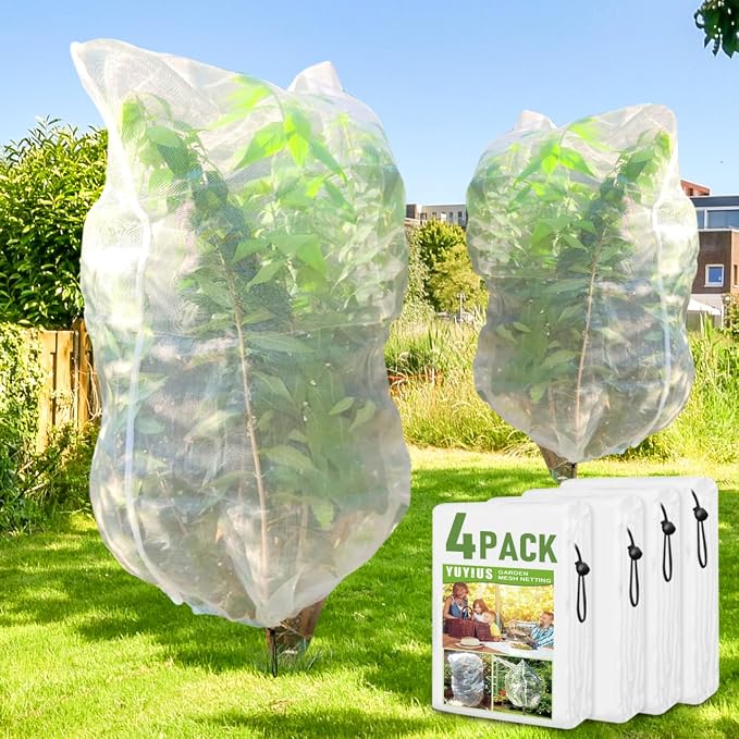 Fruit Tree Netting, Plant Mesh Netting for Garden Protection, Blueberry Bush Insect Netting Cover as Garden Pest Barrier from Cicadas, Bug, Bird (5.3x5.3 FT, 4Pcs, Zipper & Drawstring Design)