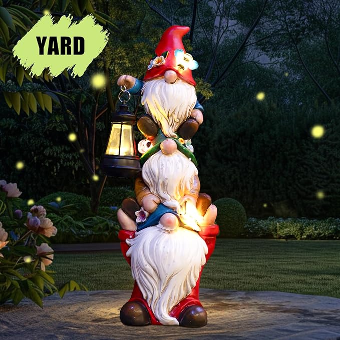 twinbling 12 in Garden Gnome Statue with Solar Lights Birthday Gift for Mom Woman Grandma Garden Sculptures Funny Triple Gnome Outdoor Patio Lawn Yard Balcony Home Decor