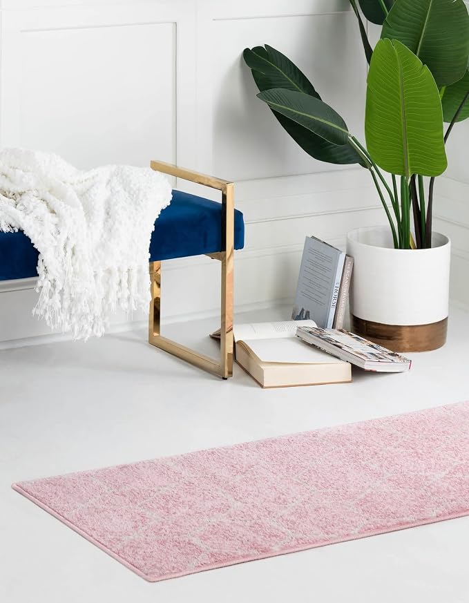 Unique Loom Trellis Frieze Collection Area Rug - Geometric (2' x 13' 1" Runner Light Pink/Ivory)