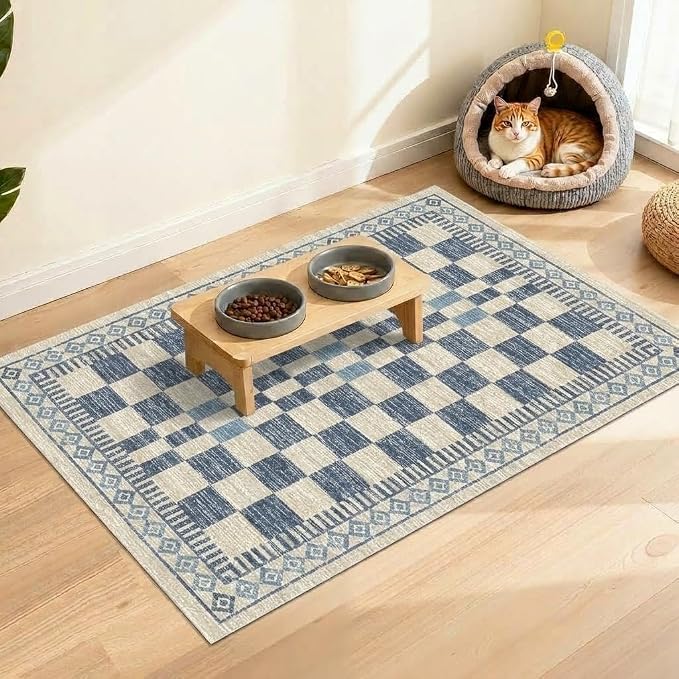 GarveeHome 2x3 Small Rug for Kitchen Modern Checkered Area Rug for Bathroom | Contemporary Blue Abstract Carpets Machine Washable Non-Slip Low Pile Doormat Soft Premium Area Rug for Hallway Bedroom