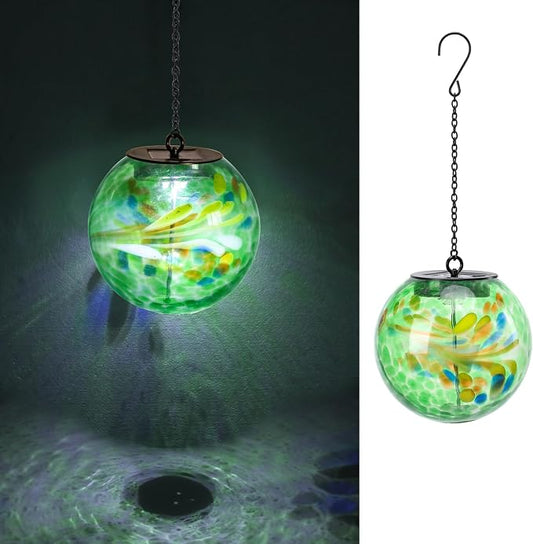 VCUTEKA Glass Solar Lanterns Outdoor Green Hanging Solar Lights for Outside | Solar Lanterns Outdoor Waterproof with Hook, Energy-Efficient LED White Glass Gazing Ball Lights for Garden, Yard Decor