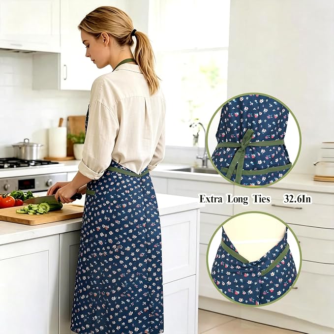 Women's Vintage Floral Kitchen Apron for Cooking & Gardening | Adjustable Neck Straps & Large Pockets, Cute Pinafore for Baking Tea Time, Practical Hostess Gift(Navy2)