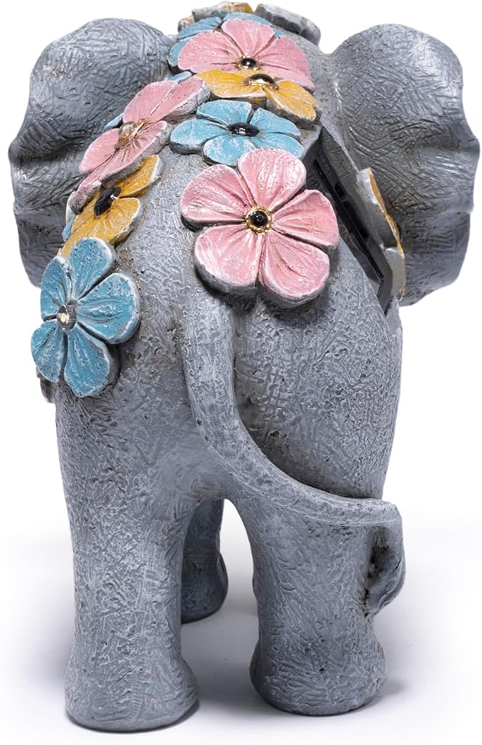 basen Solar Elephant Garden Statue Outdoor Resin Elephant Decor with Lighted Flower Accents, Solar Powered Animal Figurine for Patio Yard Lawn Porch Backyard Gifts for Women