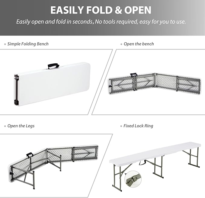 6ft Plastic Folding Bench with Carrying Handle & Lock, Portable Outdoor Bench in Garden Picnic Camping Dining Party Seat, Waterproof Bench for Soccer Activities, Firm and Durable (2Pack C)