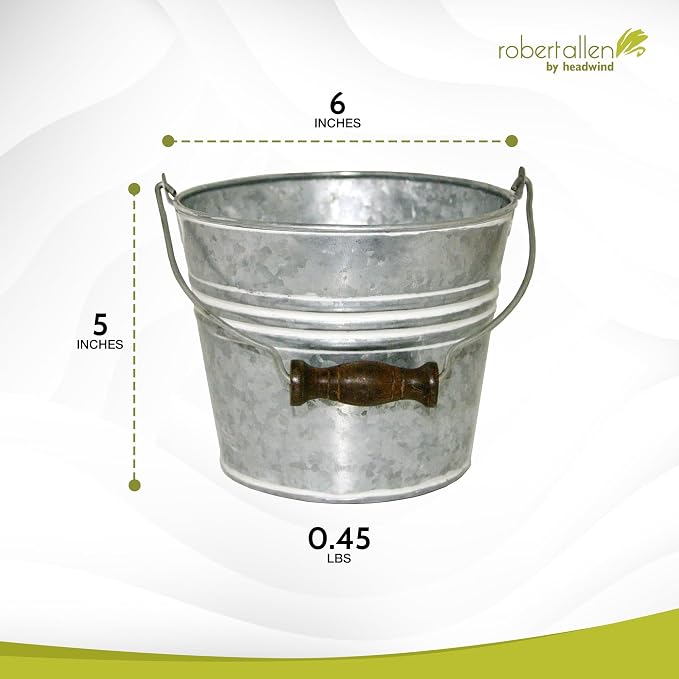 Headwind Vintage Collection - 6 Inch Galvanized w/White Wash Banded Planter with Handles – Galvanized Bucket Planter - Decorative Small Planters for Indoor Plants & Outdoor Use by Robert Allen