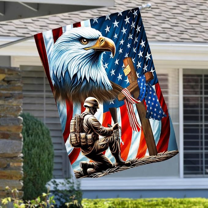 American Flag-Patriotic Eagle Veteran Kneeling Soldier Christ Cross Memorial Day American Flag MLN2793F, 3x5 ft. Flag-USA Flags Premium Polyester-Decorative Indoor Outdoor Flag