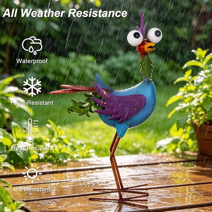 Metal Wacky Rooste Garden Statue, 17‘’ Rooster Decor Yard Statue Decorations Outdoor, Chicken Yard Art for Outside, Patio, Backyard, Lawn (Blue & Purple)