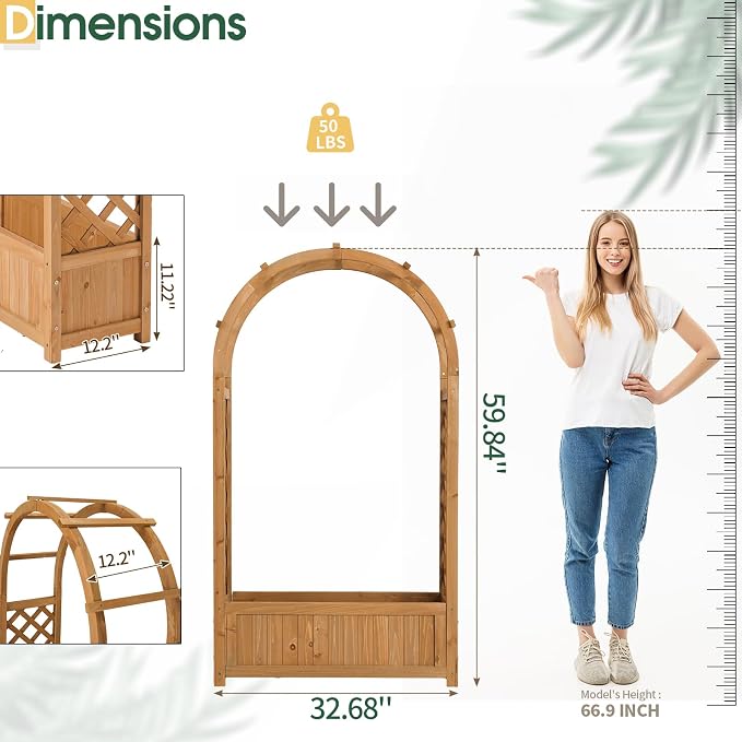 VINGLI Raised Garden Bed with Trellis & Hanging Roof, Wooden Planter Box with Drainage Holes for Outdoor Climbing Plants Vegetables Flowers, Patio Yard Balcony (Natural, Arched top)