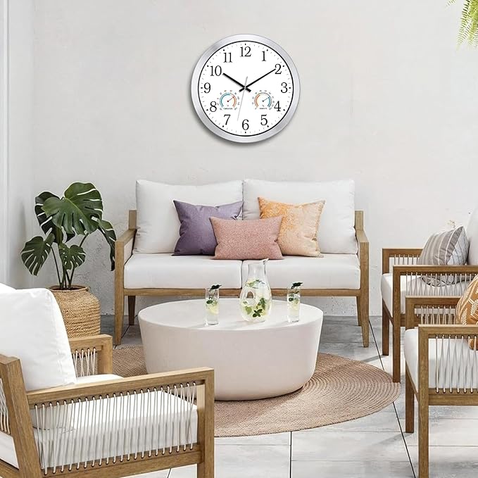 Caysie 16 Inch Indoor Outdoor Clocks Waterproof with Thermometer and Hygrometer Combo, Silent Battery Operated Quartz Metal Wall Clock for Patio Pool Bathroom Home (White)