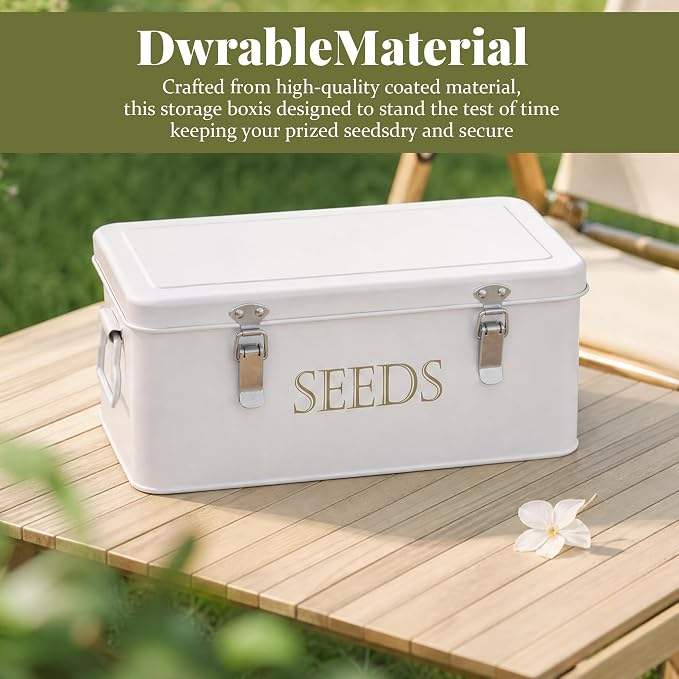 ECOPARK Seed Storage Box, Professional All-in-one Kit with 2 Pens, 20 Plant Labels and 50 Seed Envelopes, Metal Storage Organizer, Saving Box, Seed Packet Container, Large, White