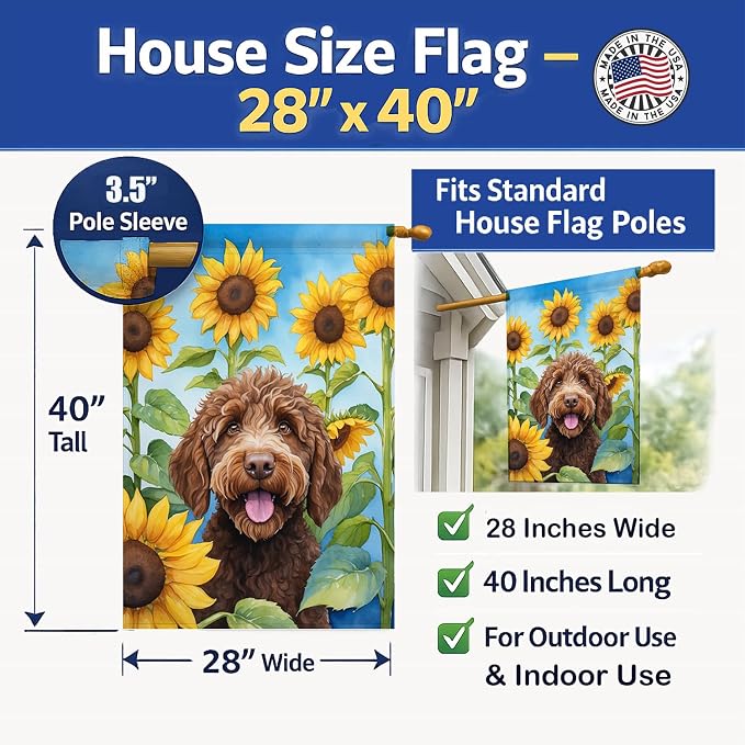 Caroline's Treasures DAC6112CHF Labradoodle in Sunflowers House Flag Large Porch Sleeve Pole Decorative Outside Yard Banner Artwork Wall Hanging, Polyester, House Size, Multicolor