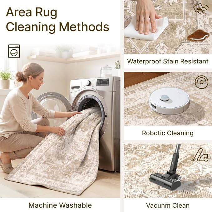 5x7 Area Rug for Living Room Vintage Neutral Washable Rugs | Stain Resistant Farmhouse Boho Floral Indoor Carpet for Bedroom Office and Home Decor(Beige&Brown)