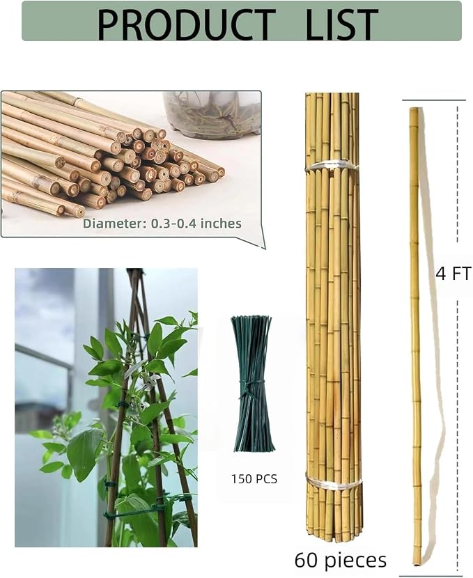 60 Pack Bamboo Stakes for Plant 4 Feet (48 inch) with Twist Ties Bamboo Sticks Plant Support Garden Stakes Poles for Tomatoes Cucumber Grapes Pole Beans Trees Potted Dahlia Flowers