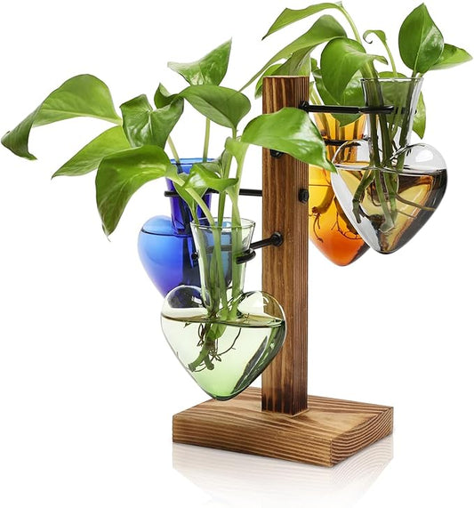 Plant Terrarium Propagation Stations with Wooden Stand | Glass Vase for Indoor Hydroponics Home Garden Office Decoration Gift for Women - 4 Love Bulb Vase