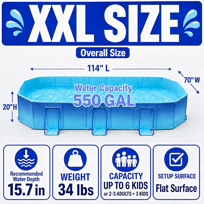 Japard Foldable Non-Inflatable Pool Large 114" Kids Aqua Blue | Kiddie Family Swimming for Kids Adults Baby Toddler 20 Inch Deep Above Ground for Backyard Blue Green Charcoal Gray