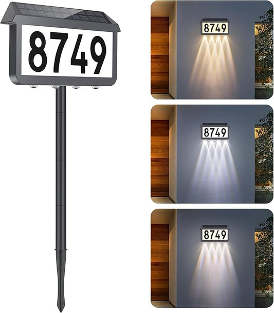 Brightever Solar Address Signs, House Number for Outside Waterproof, 3-Color LED Illuminated Address Plaques with Stake, Wall Mounted Solar Powered Light Up Address Numbers for Houses, 1-Pack, Grey
