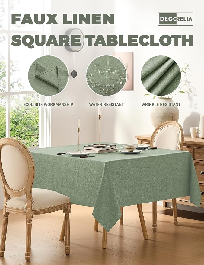 Decorelia Faux Linen Square Tablecloth for Dining Room,Waterproof Texture Decorative Farmhouse Rustic Card Table Cloth for Indoor Outdoor Party Holiday Picnics Patio,52x52 Inch (Square),Sage Green