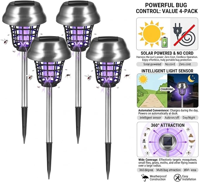 Solar Bug Zapper Outdoor Waterproof Solar Powered Mosquito Repellent Outdoor Patio,Cordless & Auto On/Off Trap Purple & White Light for Gnat Fly Insect Zapper for Garden Backyard for Outside,4 Pack