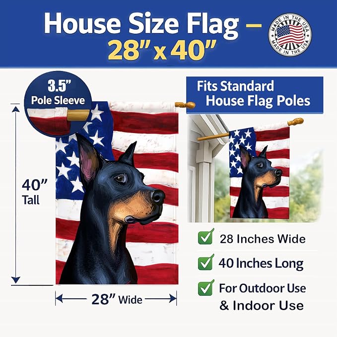 Caroline's Treasures CK6504CHF Doberman Pinscher Dog American Flag House Flag Large Porch Sleeve Pole Decorative Outside Yard Banner Artwork Wall Hanging, Polyester, House Size, Multicolor