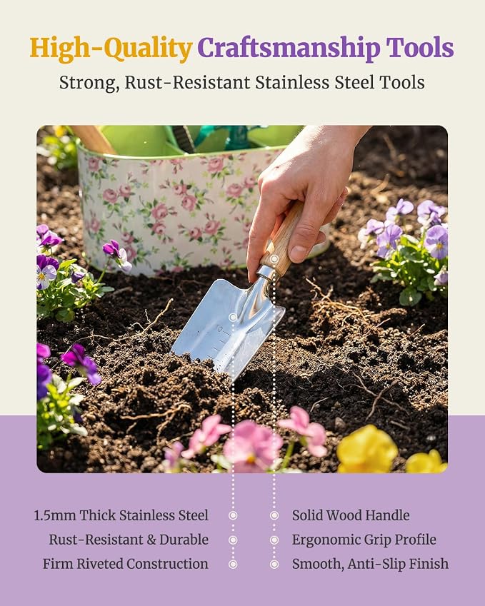 9-Piece Garden Tool Set, Heavy Duty Stainless Steel Rust-Proof Planting Kit with Ergonomic Wood Handles, Durable Metal Organizer Basket with 4 Compartments, Gardening Gift for Women, Mother