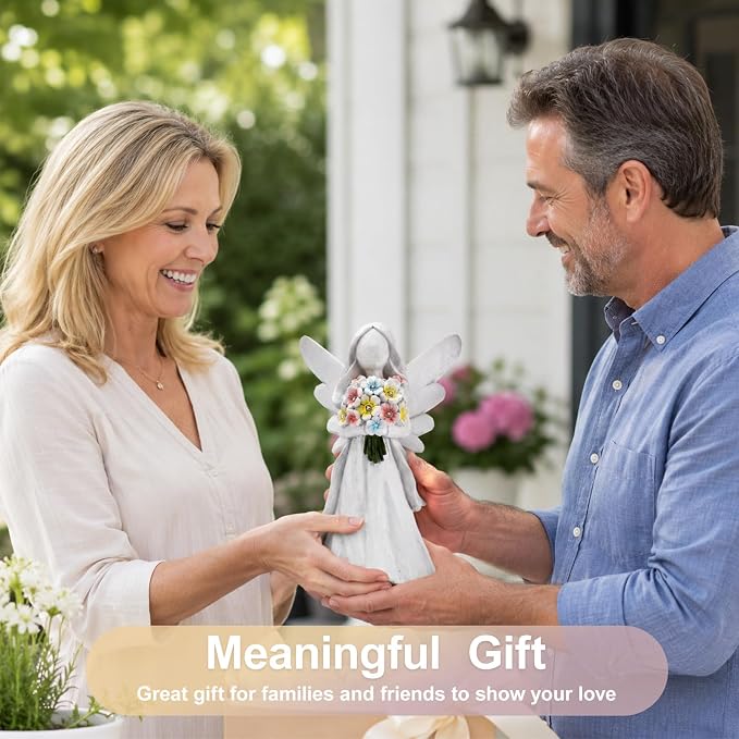 Solar Angel Statue with Bouquet LED Light Garden Decor | Hand-held flower bouquet design, solar powered LED auto-on at dusk, gifts for mom grandma, for patio yard lawn porch