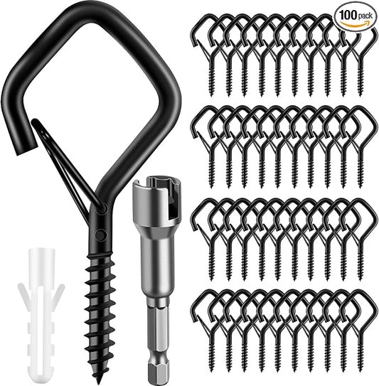 100 Pcs Screw Hooks for Outdoor String Lights, Q-Hanger Hook with Safety Buckle, Patio Wall Ceilling Square Eye Cup Hook for Hanging Plant Pots Christmas Decor Wire Fairy Led, Wind Nut Driver, Black
