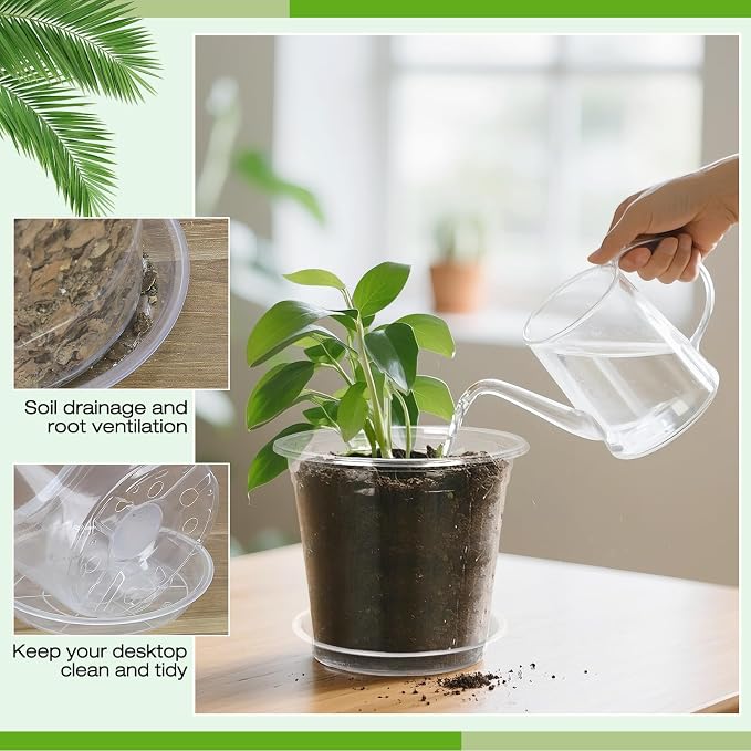 6 Inch Clear Nursery Pots with Drainage Trays, 15 Pack Plastic Pots for Plants, Clear Pot for Seed Starting, Transplanting, Succulents, and Indoor Gardening (6 inch)