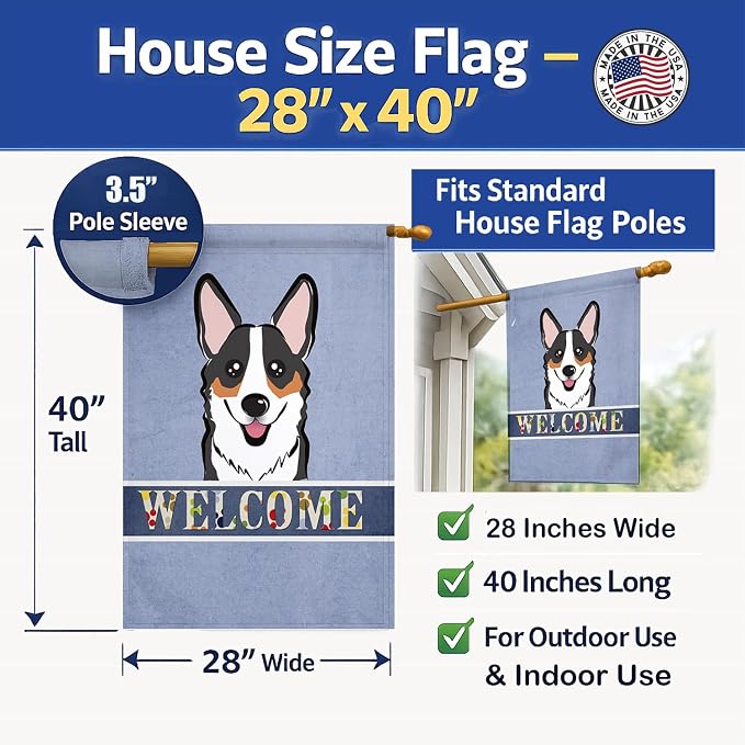 Caroline's Treasures BB1441CHF Tricolor Corgi Welcome House Flag, Blue Large Porch Sleeve Pole Decorative Outside Yard Banner Artwork Wall Hanging, Polyester, House Size, Multicolor