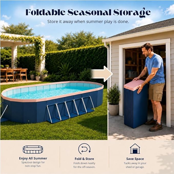 12 ft Foldable Non-Inflatable Swimming Pool, 143.70 x 98.43 x 19.69 in, Blue PVC Backyard Pool with Aluminum Alloy Triangle Supports for 3 Adults and 5 Children