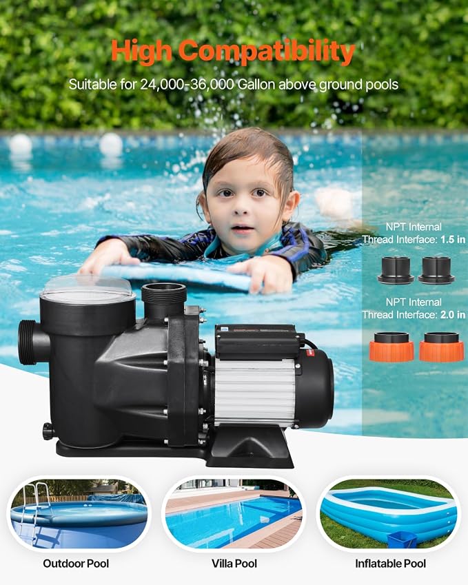 VEVOR In/Above Ground Pool Pump, 2 HP, Self Priming Single Speed Swimming Pool Pump, 220V 3450 RPM 61 ft Max Head Lift with PP Shell Strainer Basket, 122°F Max Water Temp, for Hot Tubs Spas, No Plug