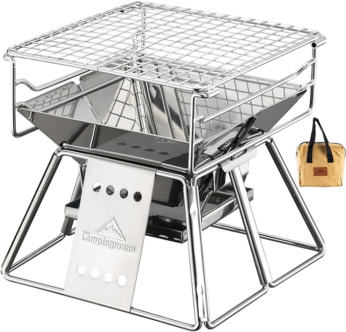 CAMPINGMOON X-MINI Small Size Portable Fire Pit, Mini Stainless Steel Tabletop Fire Pit Charcoal Grills for Camping, Solo Outdoor Cooking, Hiking BBQ Backpacking, with Carry Bag 7.5 inch