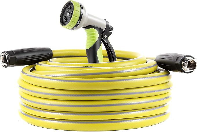 Garden Hose 50 ft Heavy Duty-Water Hose with 9 Way Spray Nozzle and Flexible 4 Layers Hybrid-3/4’’ Nickel Plated Brass Fittings-5/8’’ Inner Core-Lead-Free Outdoor Durable Lightweight Pipe Set
