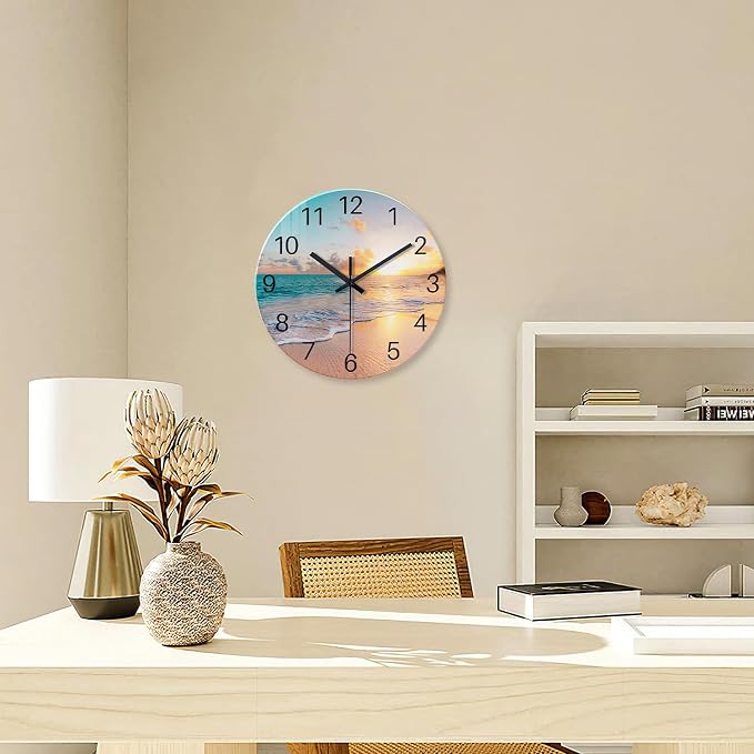 Beach Wall Clocks Battery Operated 16 Inches or Larger | Wall Clock Silent Analog Glass Blue Clocks for Living Room Bedroom Bathroom Kitchen Office Decor