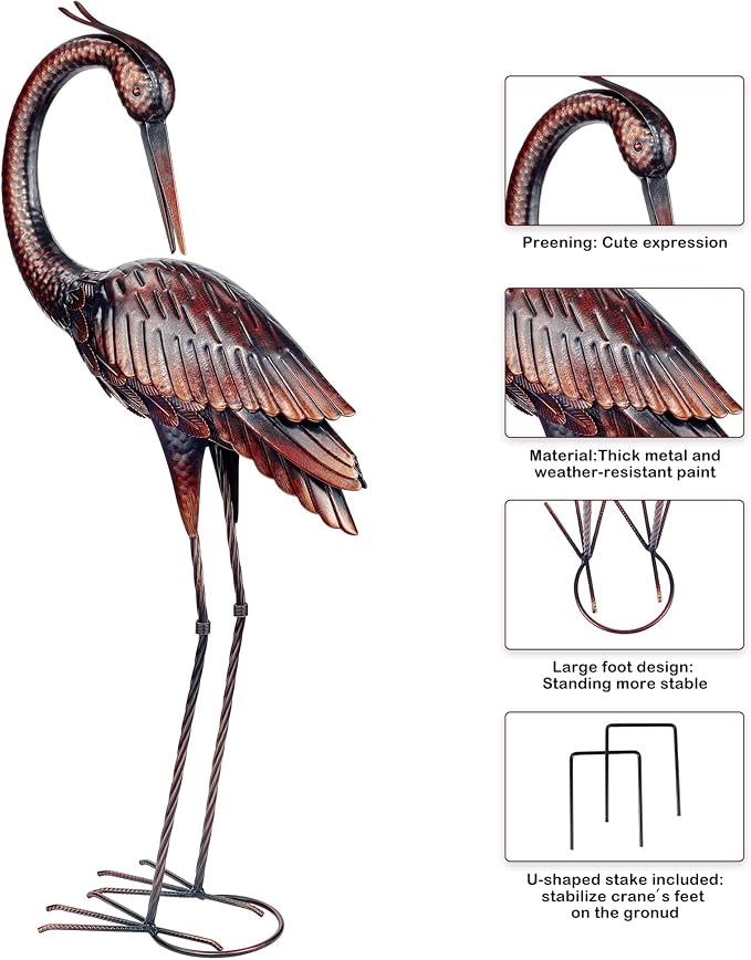 Kircust Crane Garden Sculptures & Statues Heron Decoy Large Size Metal Birds Yard Art Standing Vintage Brass Heron Lawn Ornament Outdoor Decorations 37 Inches Set of 2