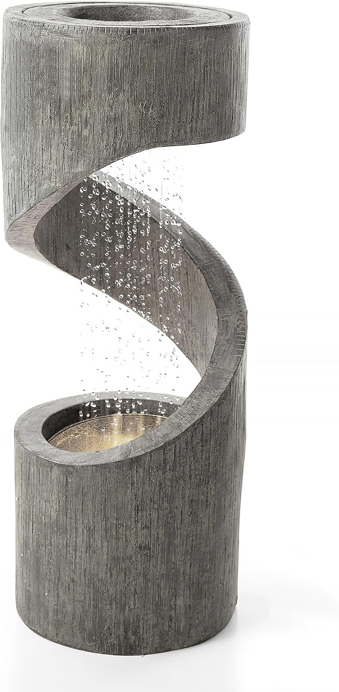 Glitzhome Outdoor Fountain with LED Light, Spiral Water Fountain Outdoor with Stone Planter, Modern Curved Waterfall Fountains Water Feature for Garden Patio, 31.3”H